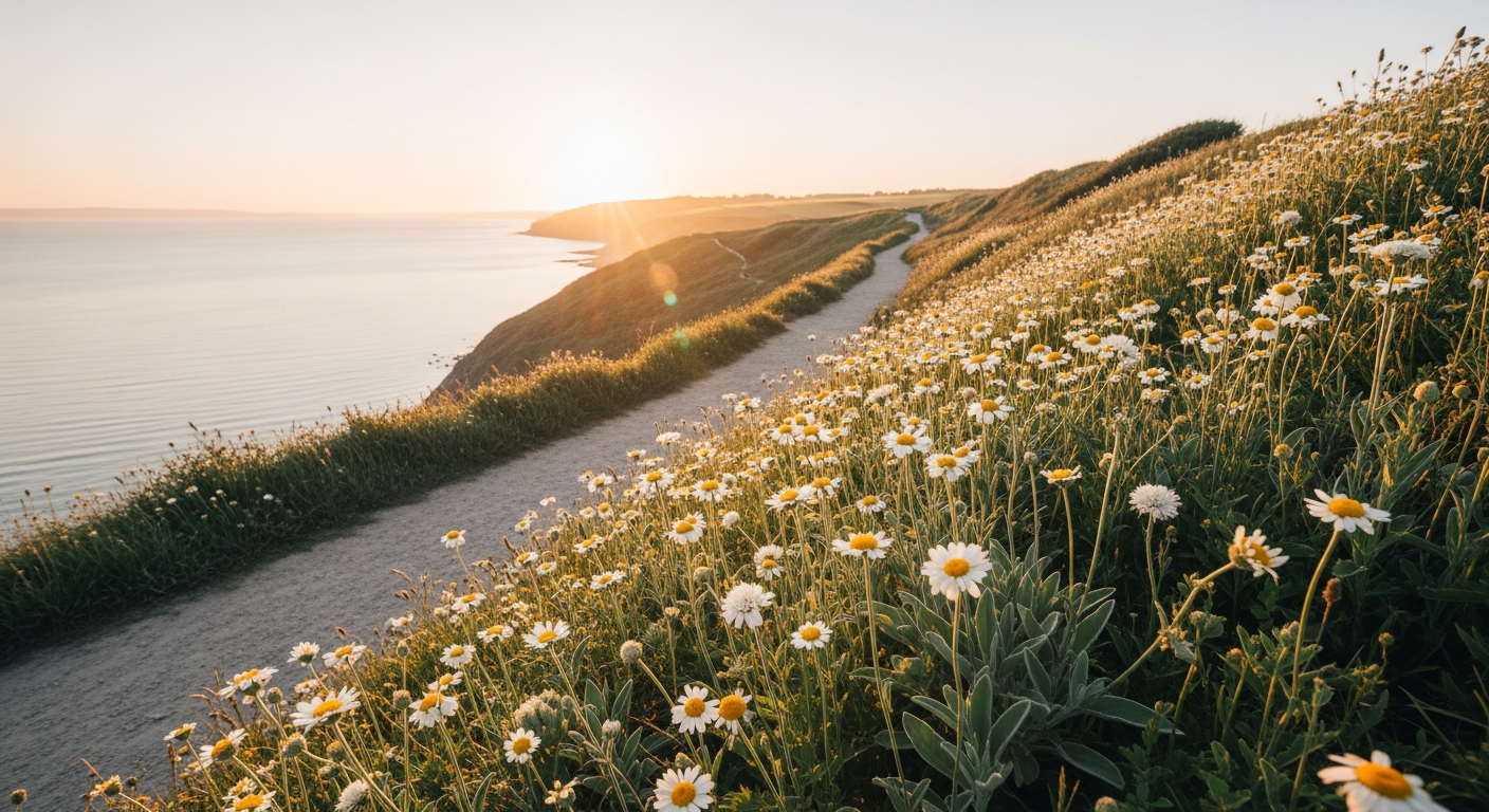 Sunlit coastal landscape at golden hour